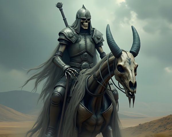 Skeletal Warrior on Menacing Horse in Dark Fantasy Setting