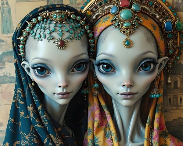 Otherworldly Figures with Ornate Headpieces and Attire