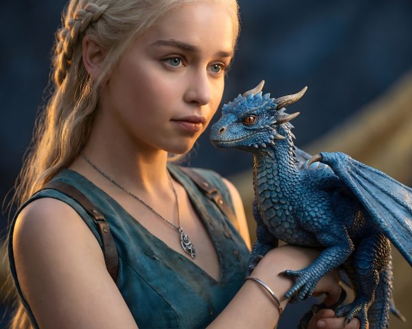 Close-up of a character with braided blonde hair and dragon