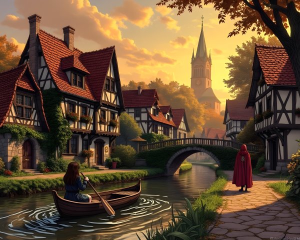 Picturesque Village Scene with Canal and Half-Timbered Houses