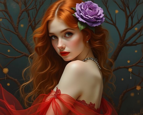 Young woman with red hair and purple rose in gown