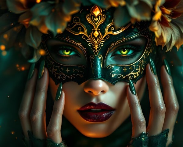 Mysterious figure with ornate mask and glowing lights
