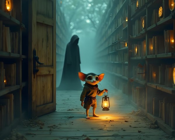Misty Library Scene with Enigmatic Creature and Shadow