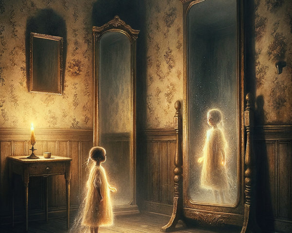 Young girl in vintage room with glowing mirror reflection