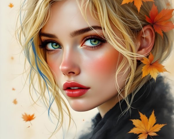 Close-Up Portrait of a Young Woman in Autumn Leaves