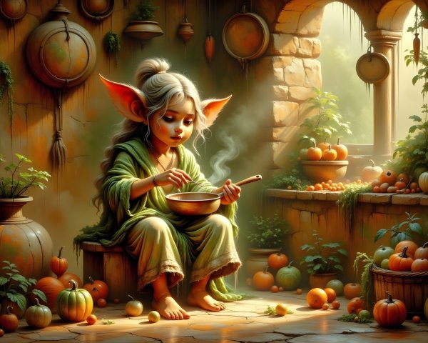 Fairy Cooking Soup in a Cozy Autumn Room