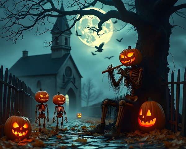 Skeleton Playing Flute in Misty Graveyard Scene