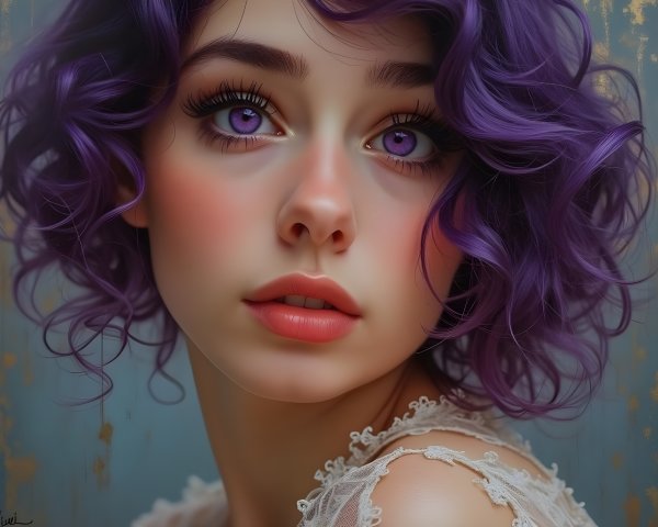 Portrait of a Young Woman with Purple Hair and Lace Top