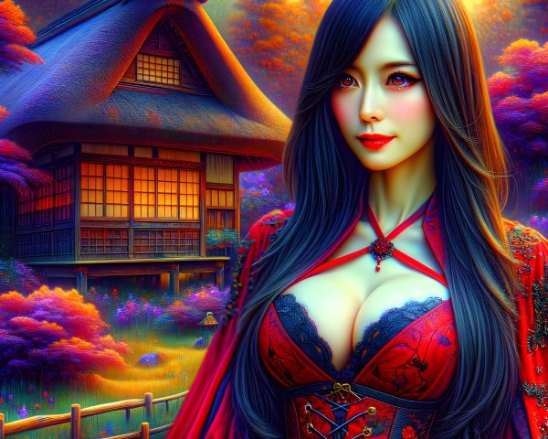 Young Woman in Traditional Japanese Setting with Landscape