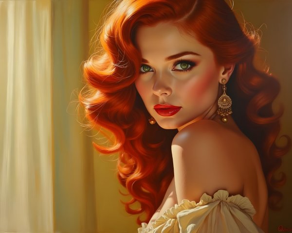 Portrait of a woman with red curls and green eyes
