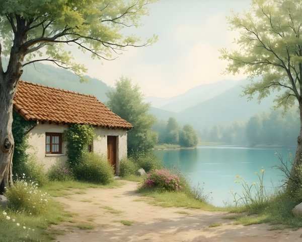 Serene Landscape with Cottage and Calm Lake