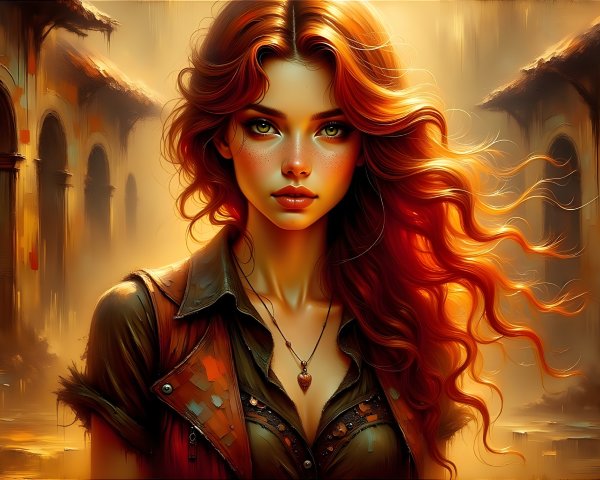 Young woman with red hair in ancient backdrop