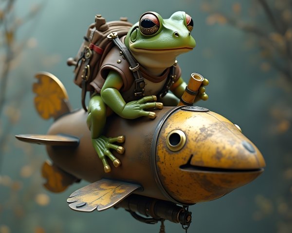 Cartoon Frog on Steampunk Fish Rocket in Nature Scene