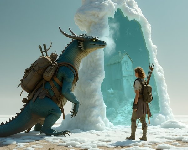 Blue Dragon and Icy Portal in Surreal Landscape