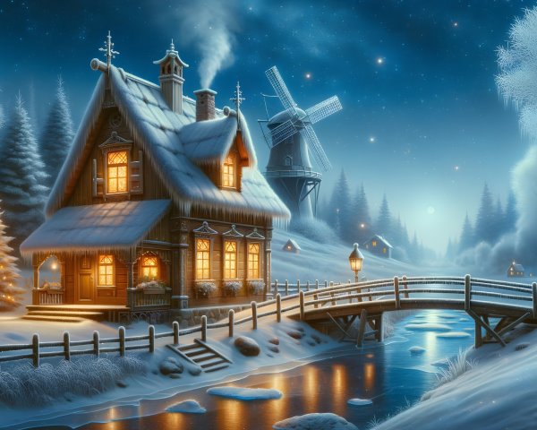 Cozy Wooden House in a Snowy Landscape at Twilight