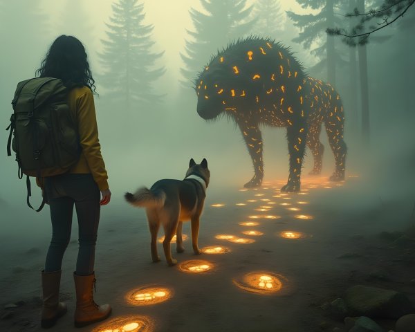 Mysterious Creature in a Misty Forest Scene