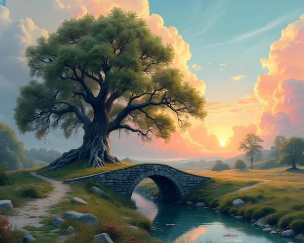 Serene Landscape with Tree, River, and Sunrise Bridge