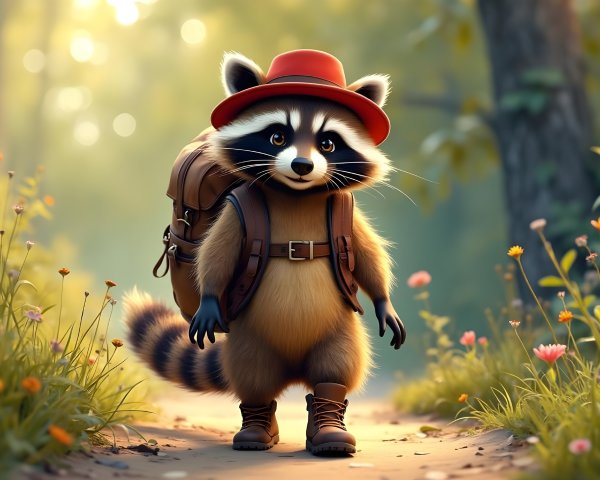 Raccoon in Red Hat on Sunny Forest Path with Wildflowers
