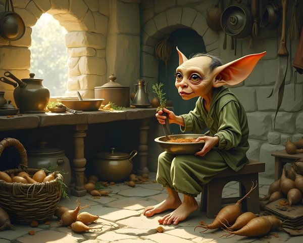 Whimsical Creature in Rustic Sunlit Kitchen