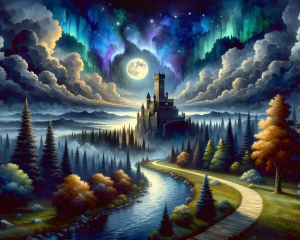 Grand Castle Surrounded by Enchanted Forest Landscape