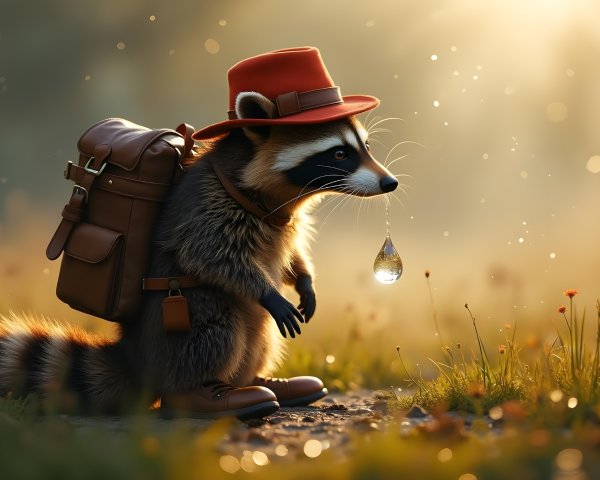 Raccoon in Red Hat on Forest Path with Wildflowers