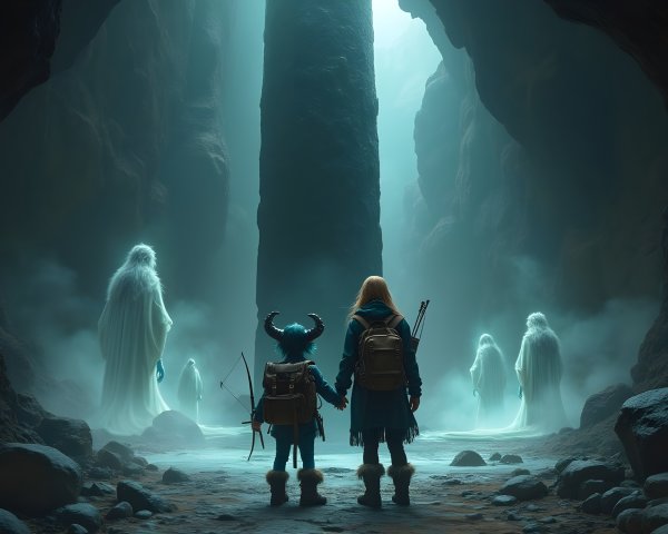 Adventurers Encounter Ghostly Figures in Mystical Cave
