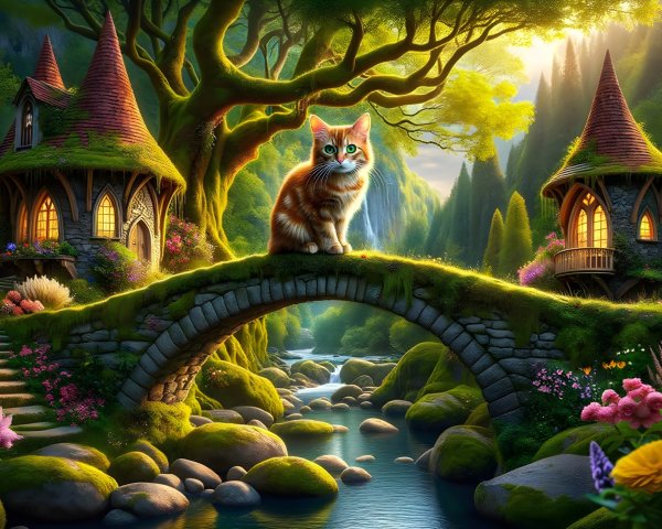 Whimsical Forest Scene with Cat on Stone Bridge