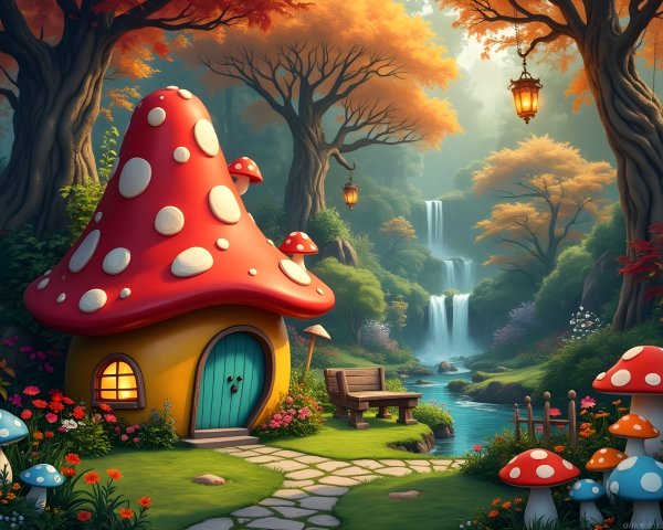 Whimsical Mushroom House in Enchanting Forest Setting