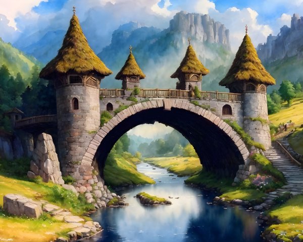Whimsical Stone Bridge with Towers Over Serene River