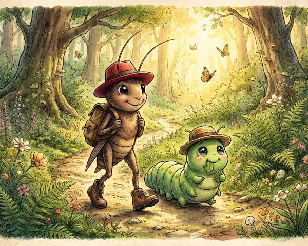 Whimsical Watercolor of Cricket and Caterpillar in Forest