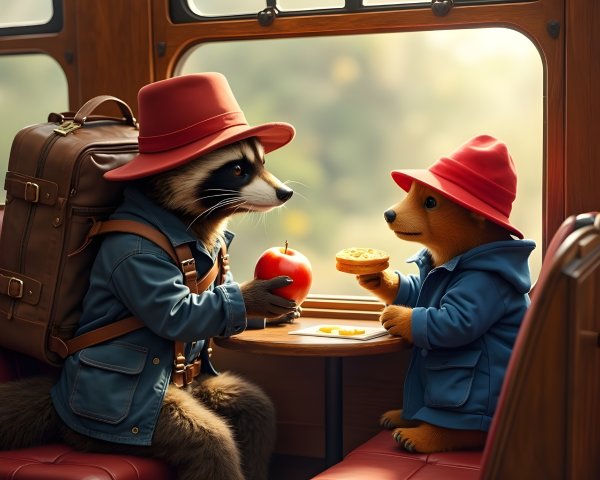 Raccoon and bear share snacks in a cozy train carriage