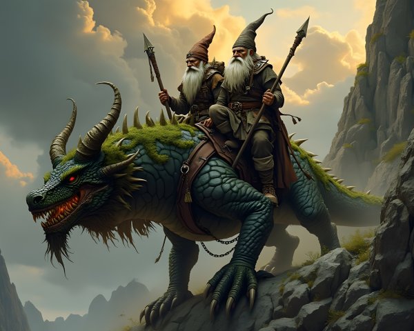 Gnomes Riding a Dragon in a Fantastical Landscape