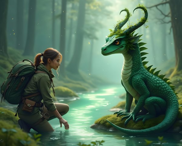 Young Adventurer and Green Dragon by Shimmering Stream