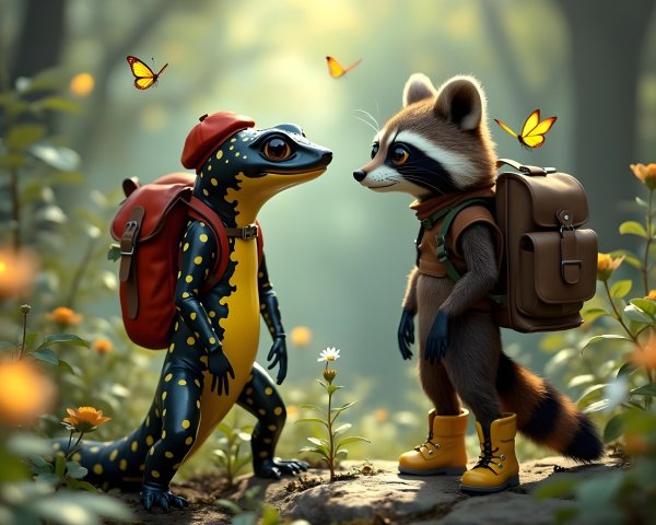 Whimsical Woodland Scene with Colorful Amphibian and Raccoon