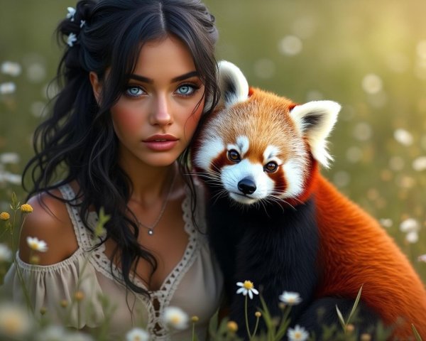 Young woman with red panda in sunlit daisy field