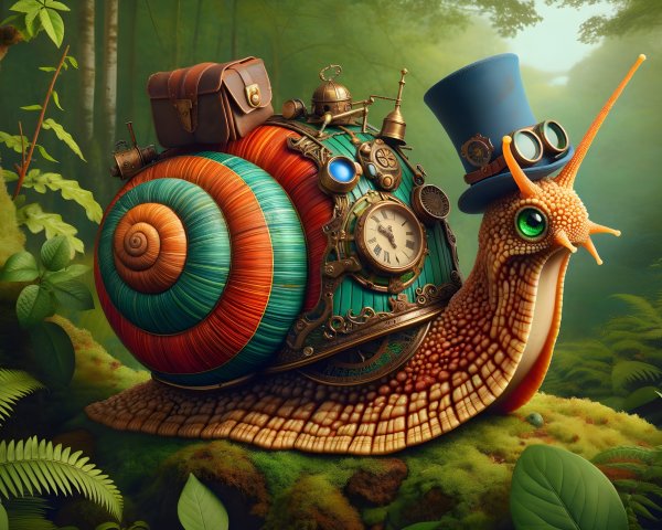 Whimsical Snail with Steampunk Elements in Forest