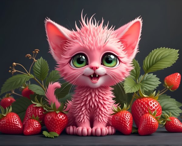 Fluffy Pink Kitten Surrounded by Red Strawberries