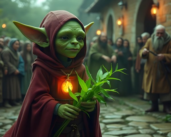 Medieval Village Scene with Green-Skinned Character
