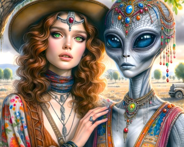 Young Woman and Alien in Serene Landscape Scene