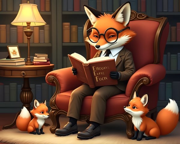 Stylish fox reading in a cozy library setting