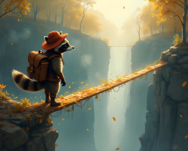 Whimsical Raccoon on Leafy Bridge in Autumn Scene