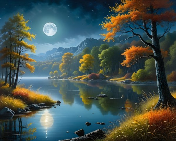 Serene Landscape with Full Moon and Autumn Foliage