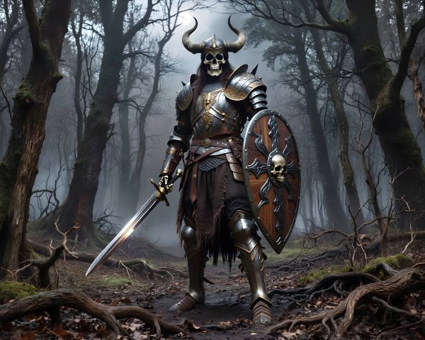 Skeletal Warrior in Ornate Armor in Dark Forest