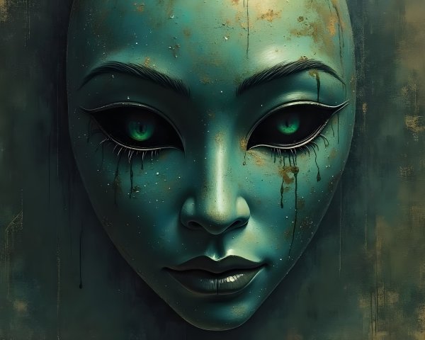 Humanoid Face with Ethereal Blue-Green Hue and Depth