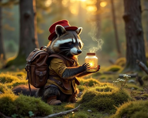 Raccoon in Rustic Outfit Holding Glowing Jar in Forest