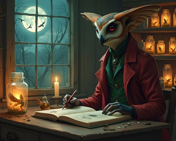 Whimsical Owl Writing in a Cozy, Magical Room