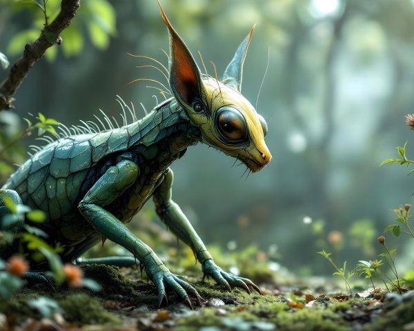 Hybrid Lizard-Cat Creature in Lush Greenery