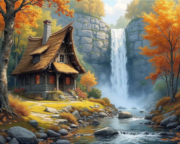 Charming Stone Cottage by Autumn River and Waterfall
