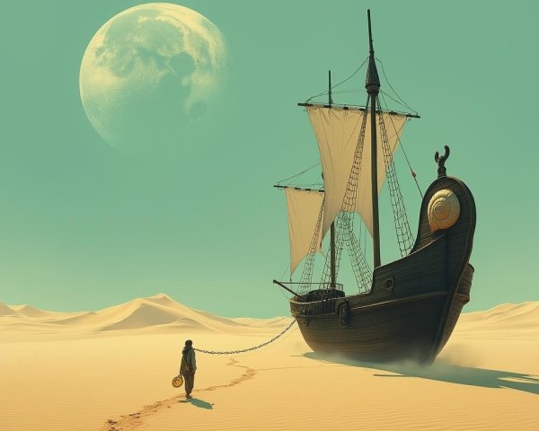 Solitary Figure Dragging Ship in Desert Landscape