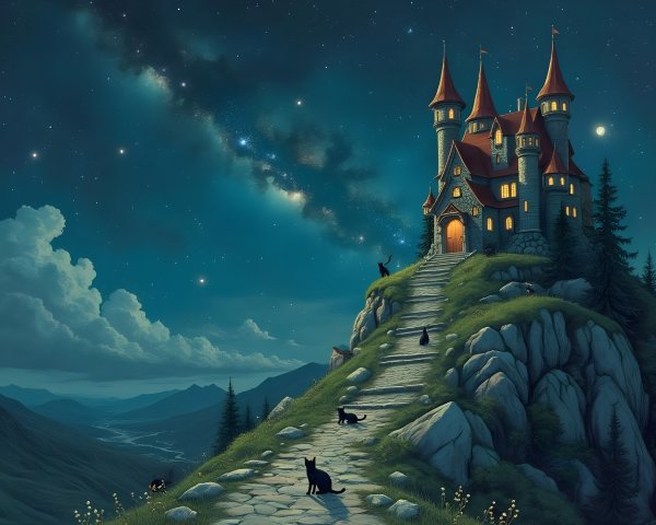 Mystical castle on a hill under a starry night sky
